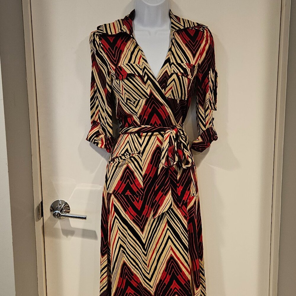 DVF Utility Silk Chevron Geo Striped Wrap Dress, Red Black Cream, Size 6